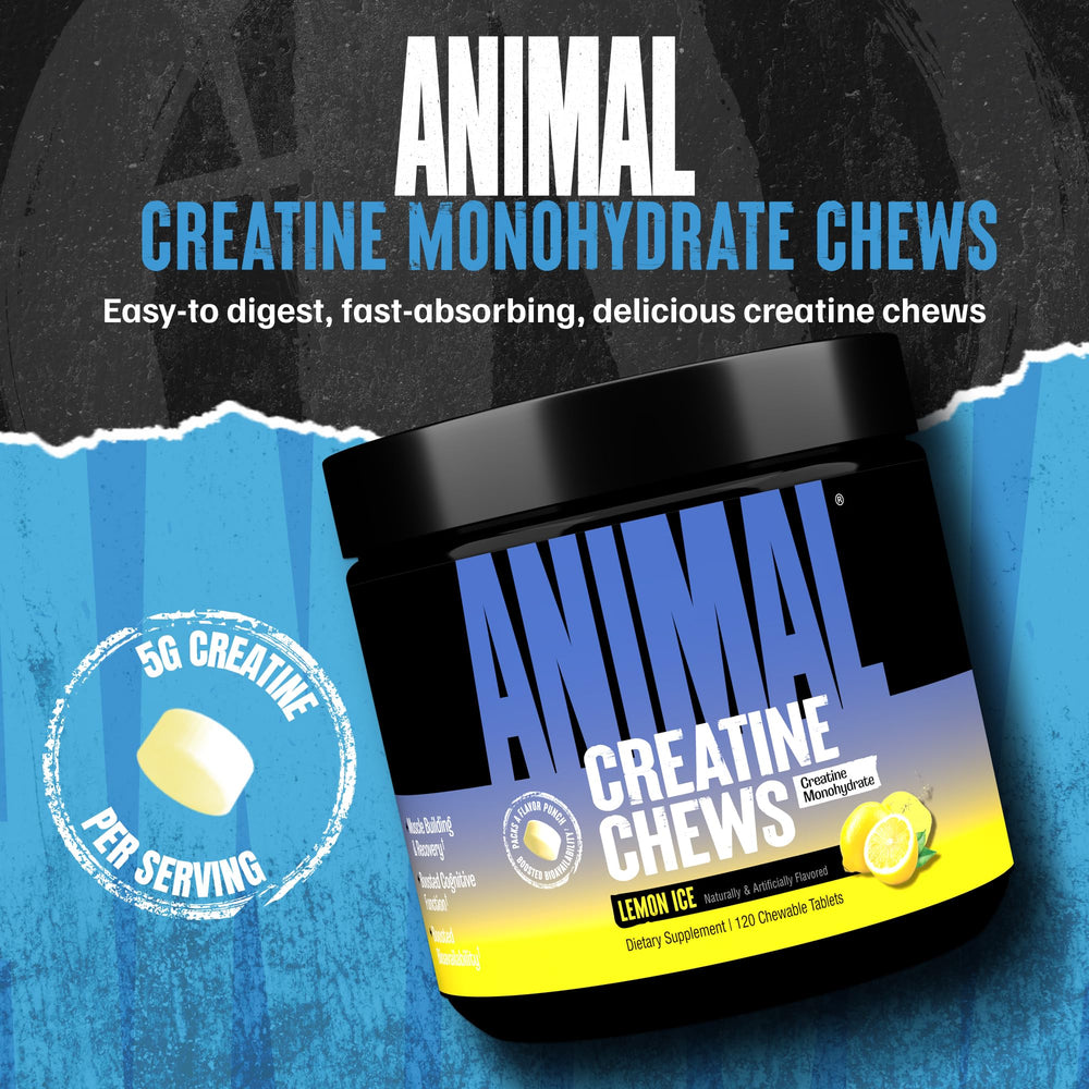 Animal Creatine Chews Lemon Ice tub side emphasizes enhanced absorption with AstraGin for better uptake