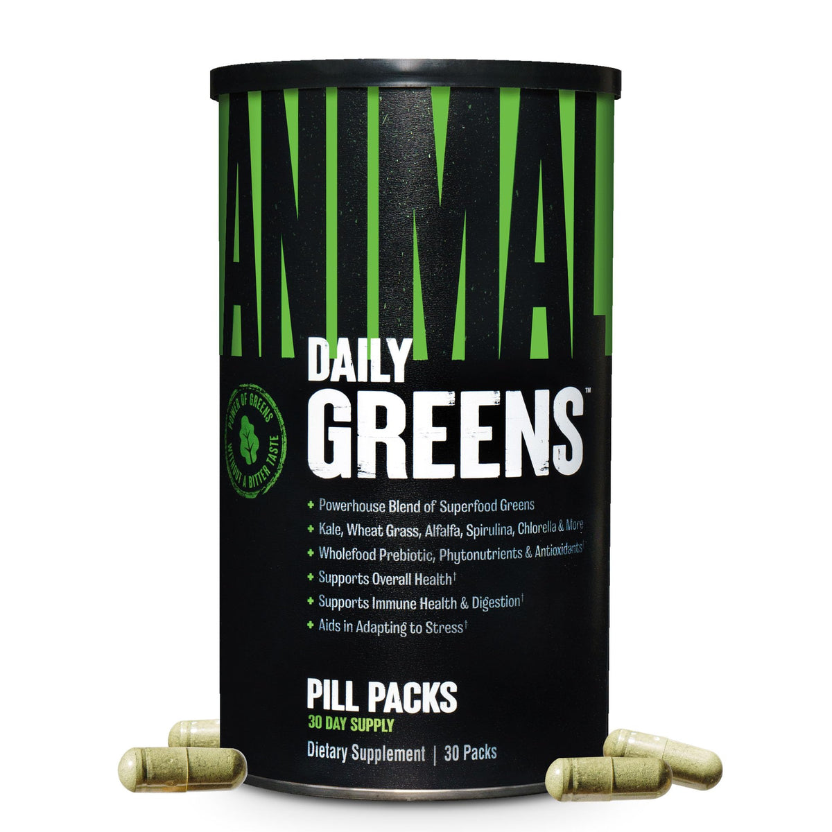 Front label of Animal Daily Greens Pill Packs featuring kale and greens imagery