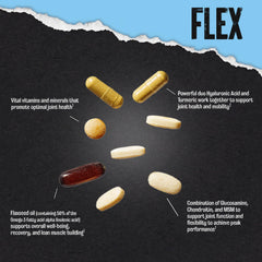 Graphic of key ingredients: Glucosamine, Chondroitin, MSM, flaxseed oil, hyaluronic acid