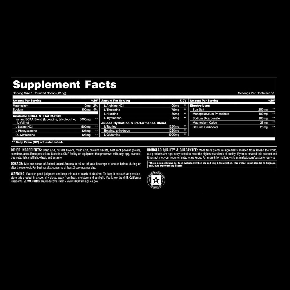 Ingredients list close-up for Animal Juiced Aminos