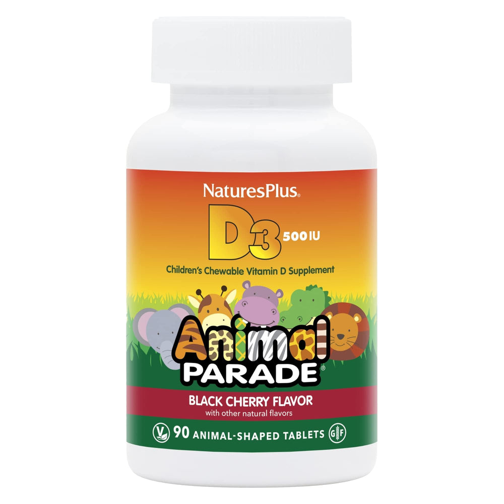 Front view of NaturesPlus Animal Parade Vitamin D3 kids chewables bottle