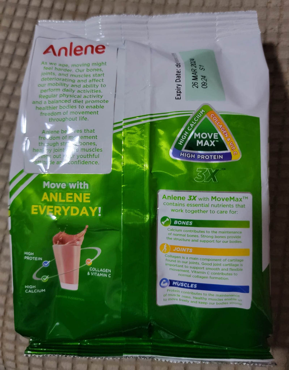 Nutrition panel on Anlene chocolate 300g tub