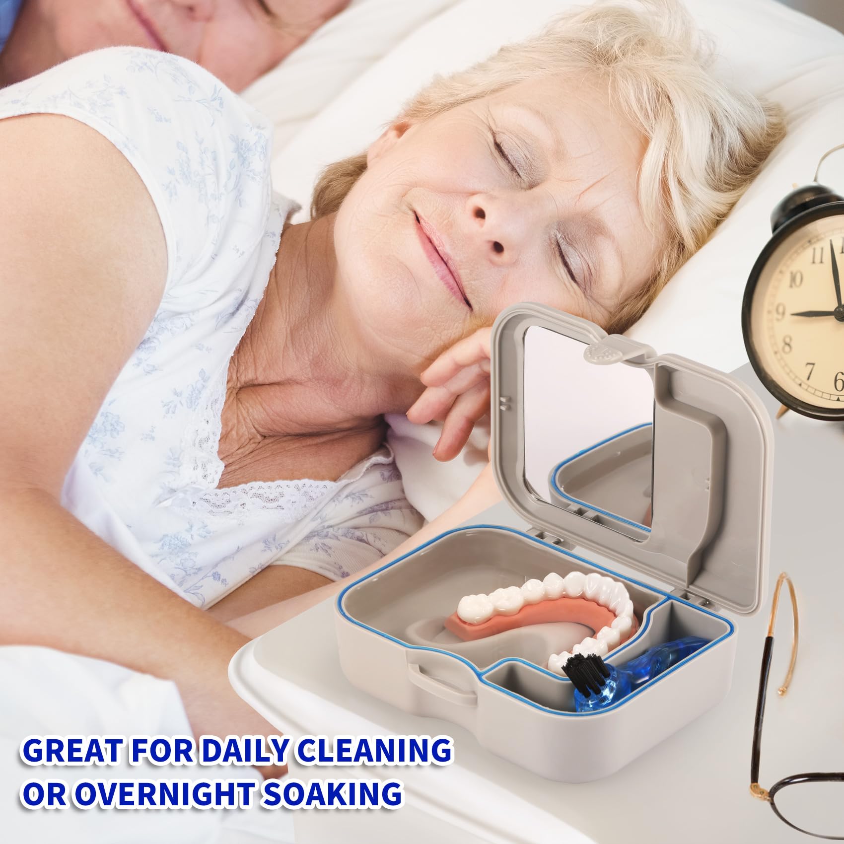 Denture cup bath box setup with mirror and brush