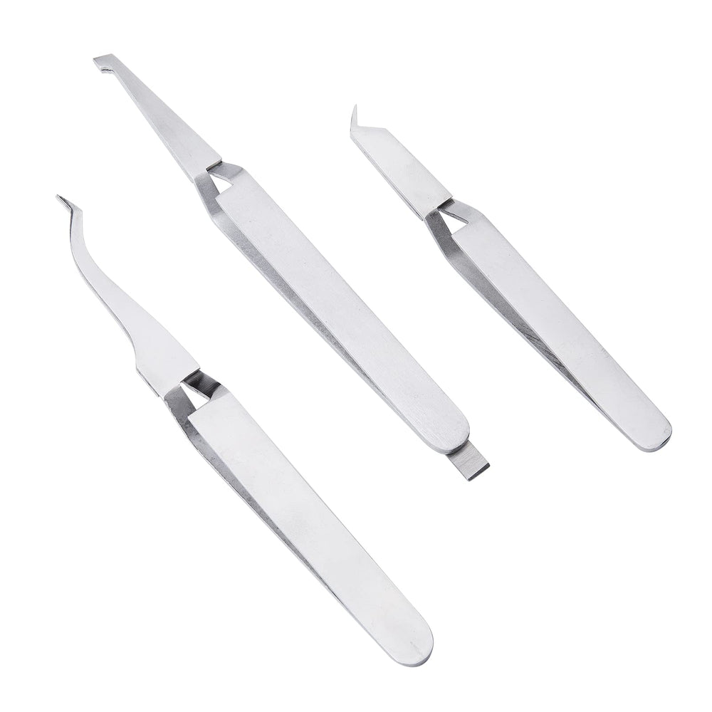 Three-piece ANNWAH dental reverse action tweezers set shown together
