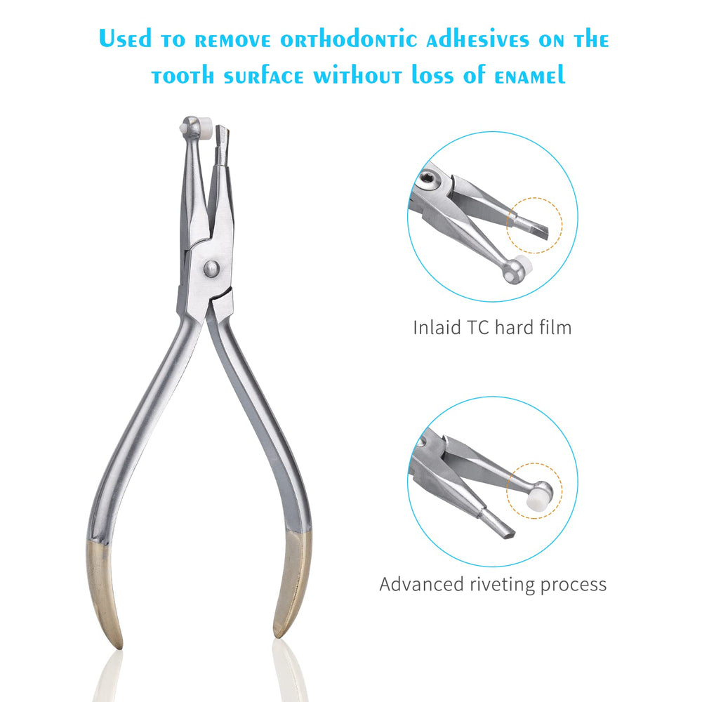 Orthodontic cement remover pliers showing ergonomic grip and T-type incision