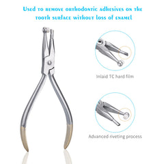 Orthodontic cement remover pliers showing ergonomic grip and T-type incision