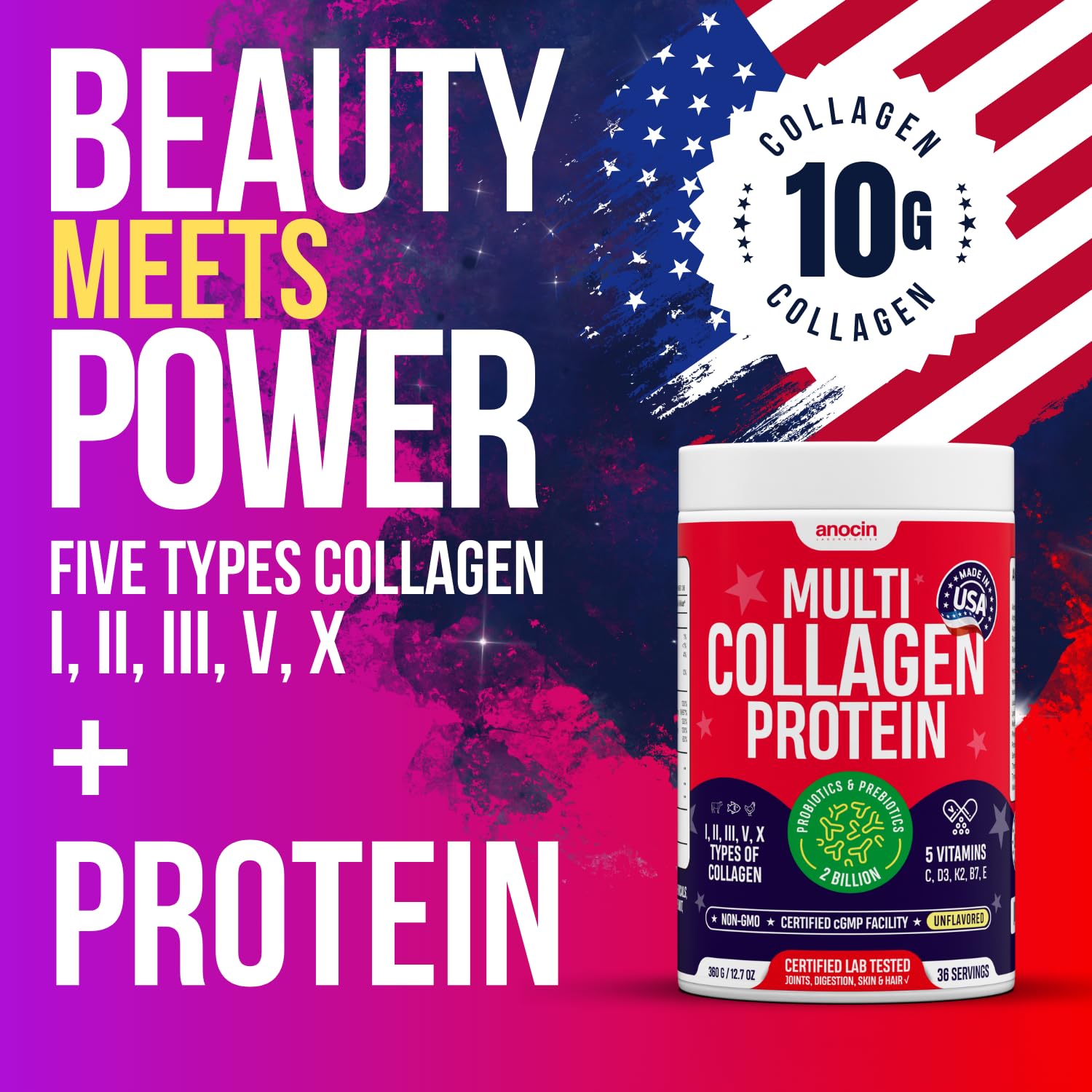 Hydrolyzed collagen powder with vitamins C, D3, B7, K2, E and hyaluronic acid
