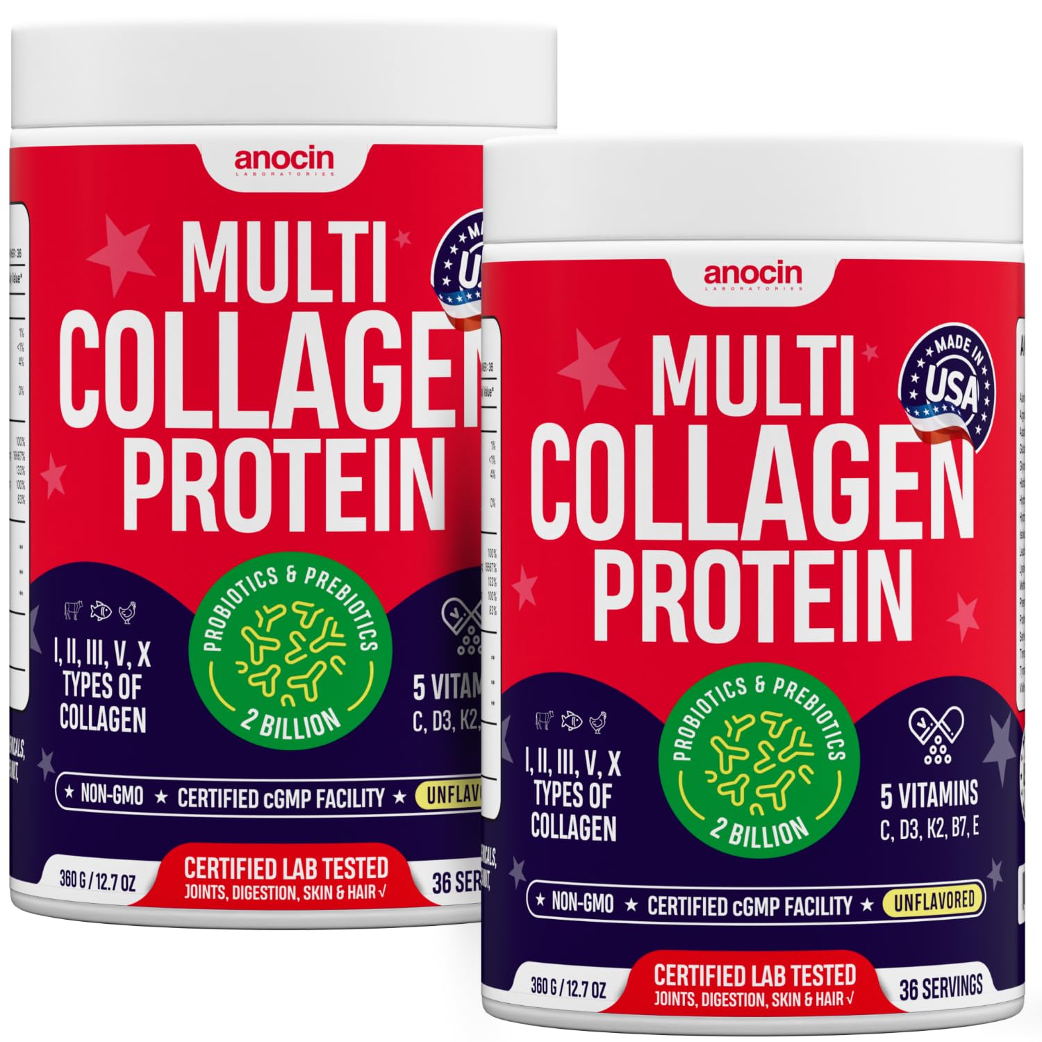 anocin multi collagen peptides with prebiotic and probiotic, Type I–X