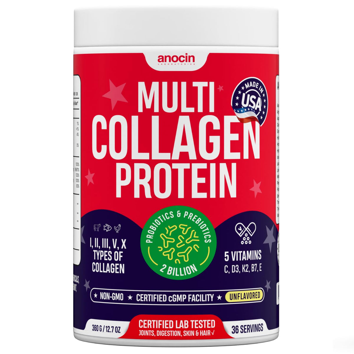 Bottle of anocin Multi Collagen Powder with label