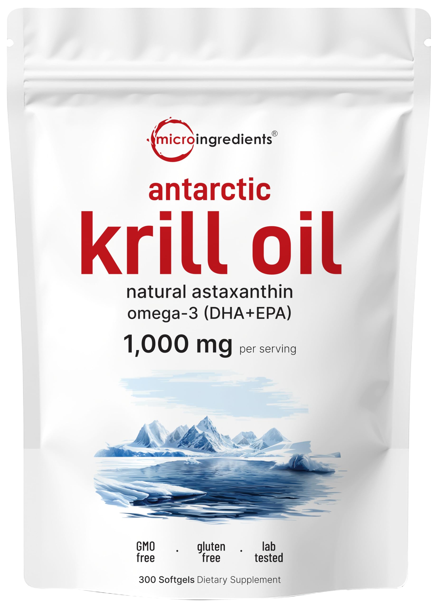 Front view of Micro Ingredients Antarctic Krill Oil bottle with 300 soft-gels