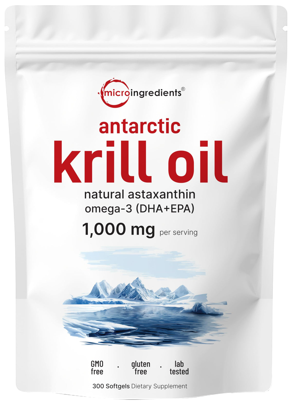 Front view of Micro Ingredients Antarctic Krill Oil bottle with 300 soft-gels