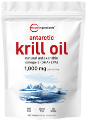 Front view of Micro Ingredients Antarctic Krill Oil bottle with 300 soft-gels