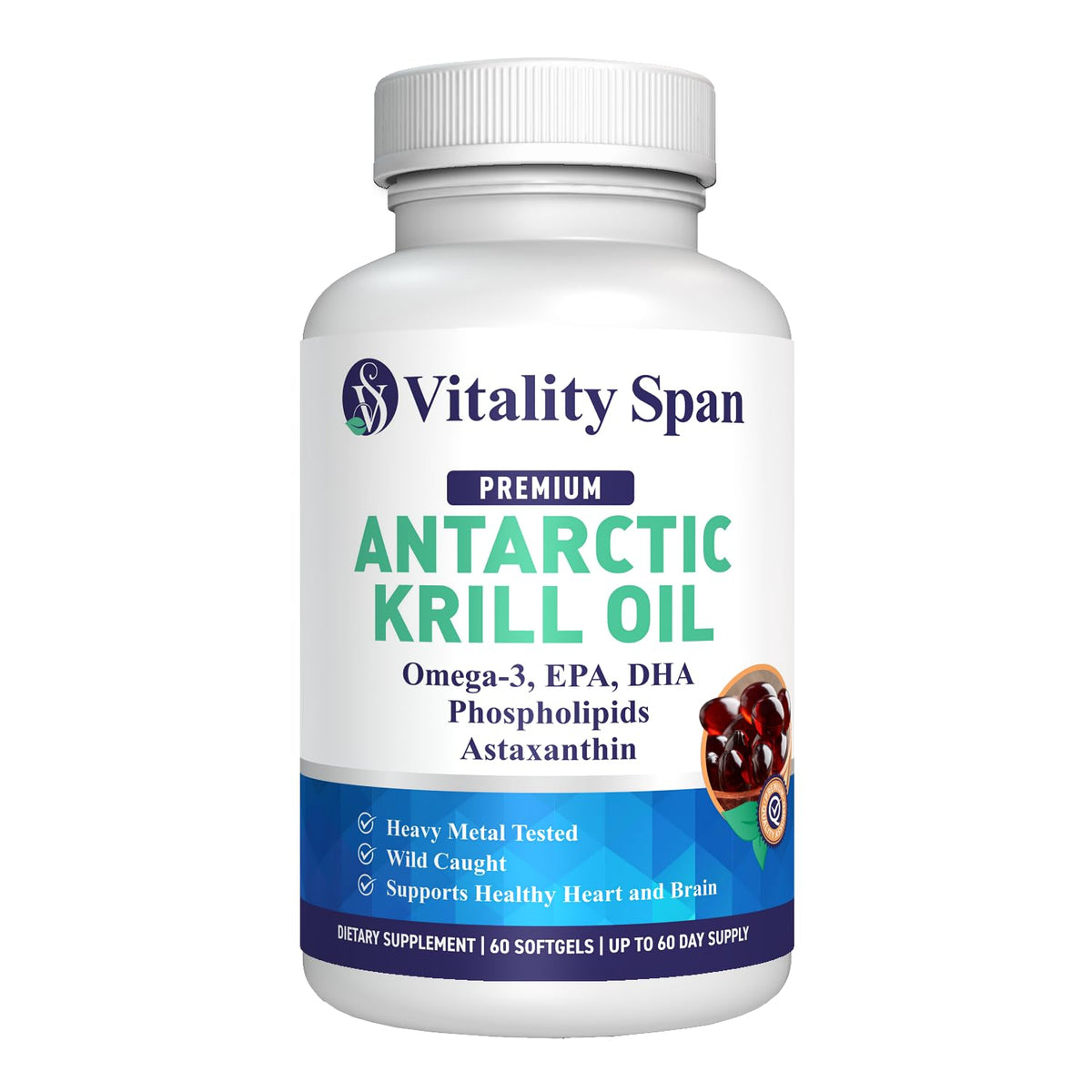 Bottle of Vitality Span Antarctic Krill Oil 500mg softgels