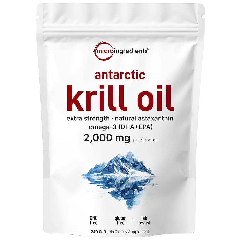 Antarctic krill oil softgels bottle label showing 2000mg per serving
