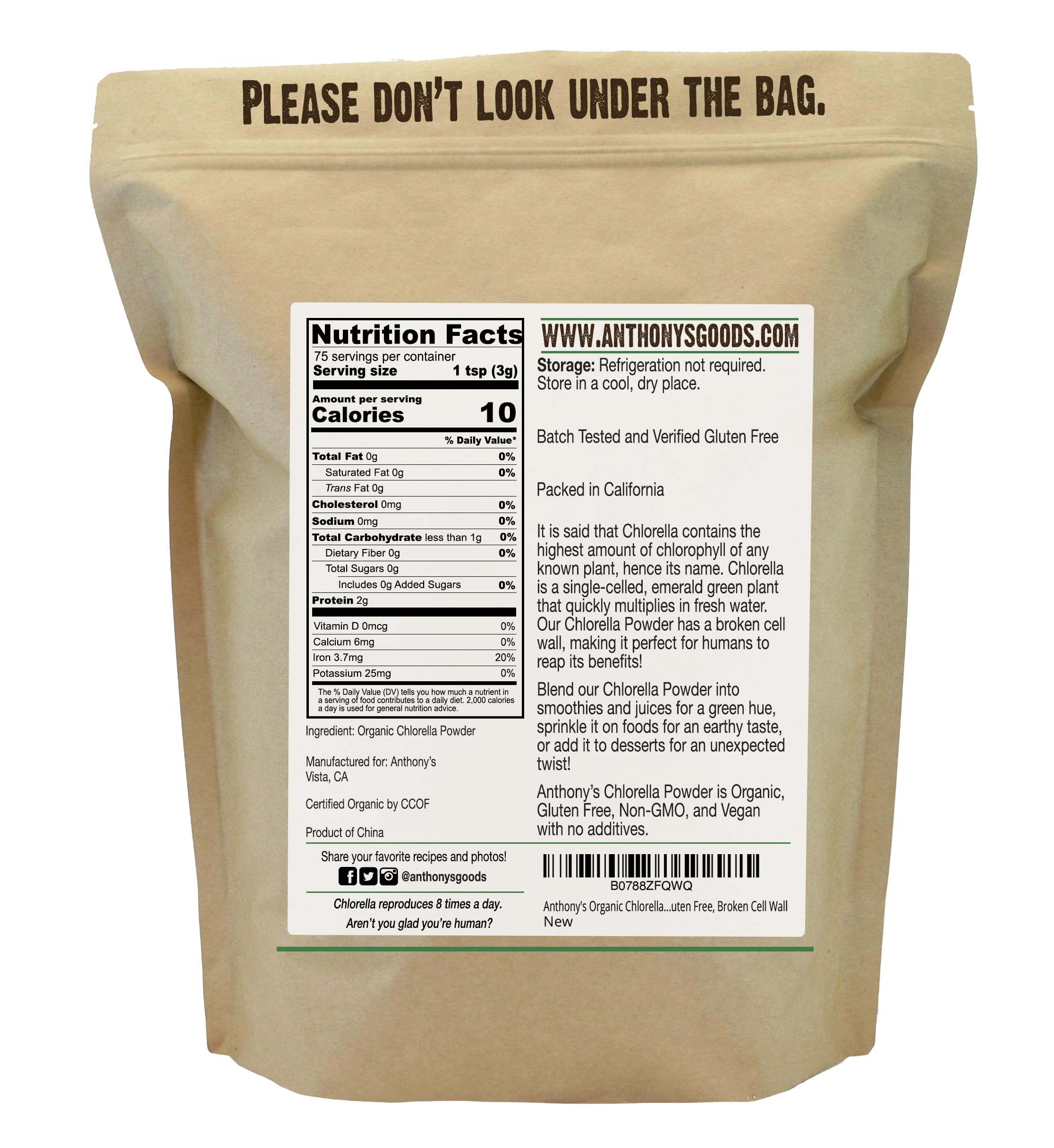 Anthony's Organic Chlorella Powder bottle with organic label