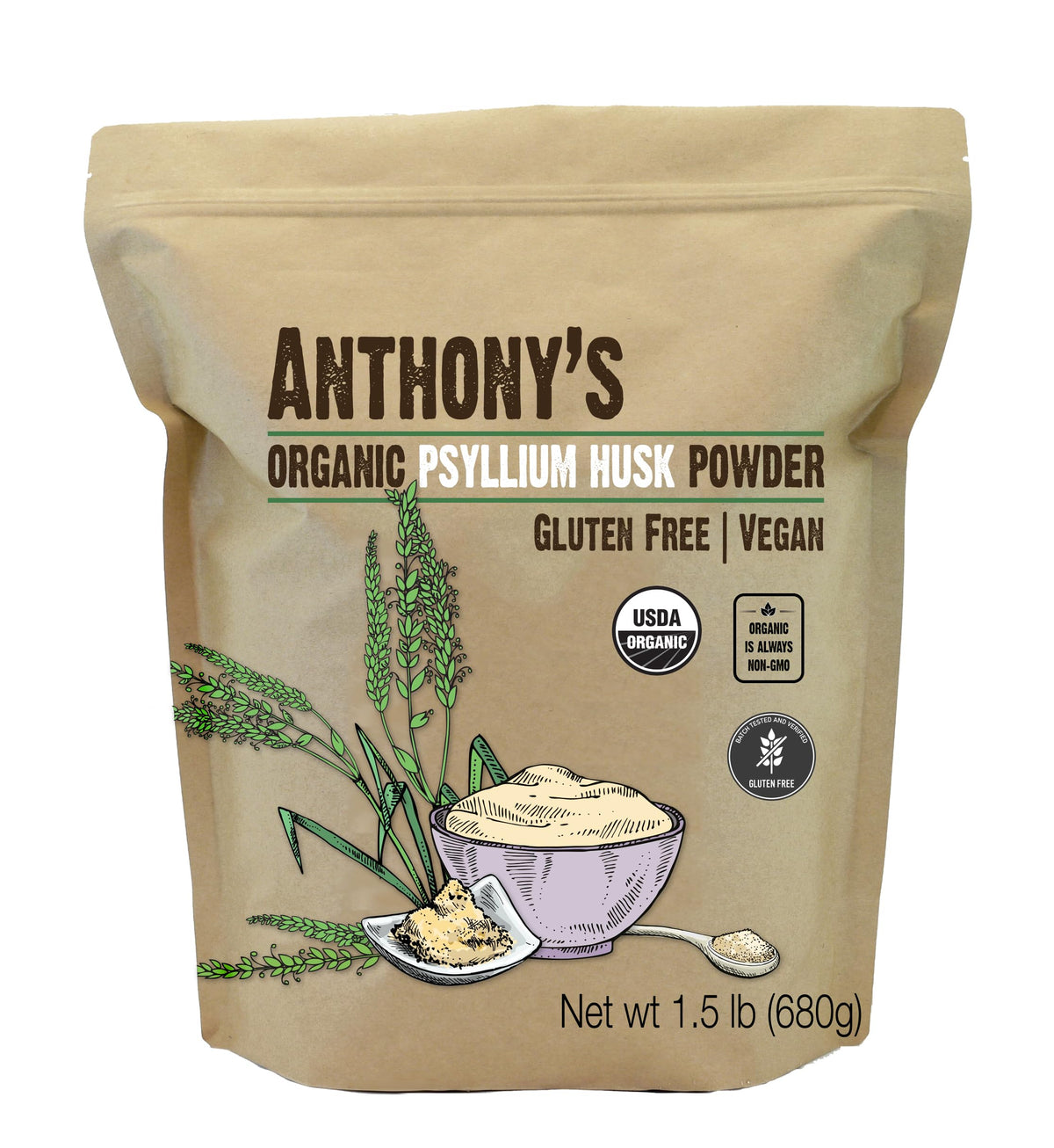 Anthony's Organic Psyllium Husk Powder front label - 1.5 lb