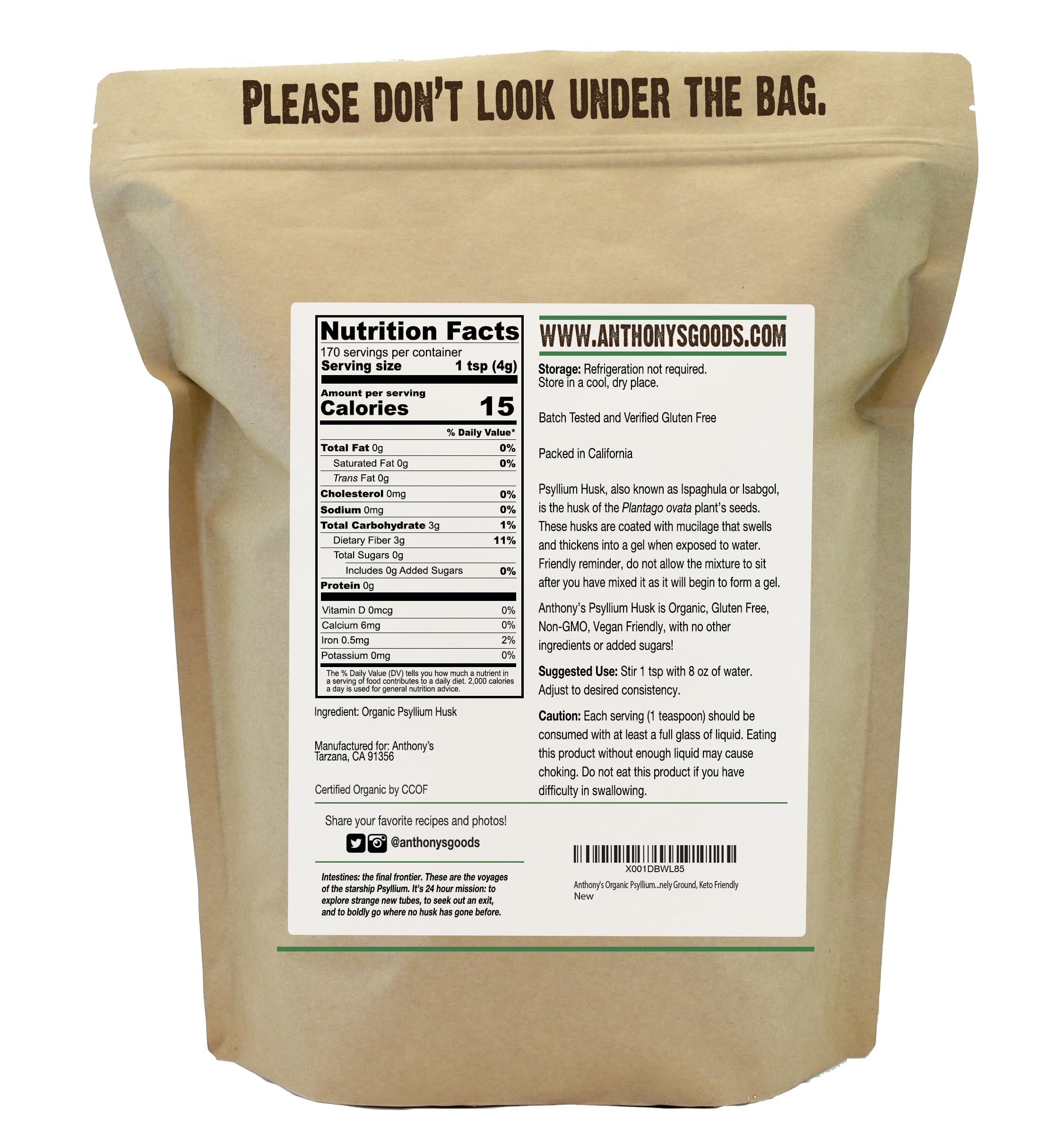 Anthony's Organic Psyllium Husk Powder packaging