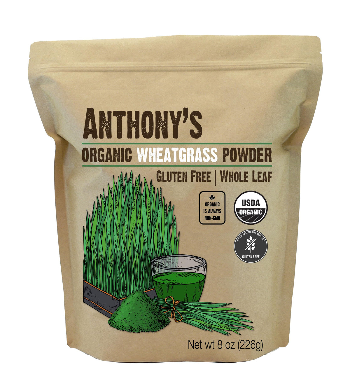 Anthony's Organic Wheatgrass Powder 8 oz front view
