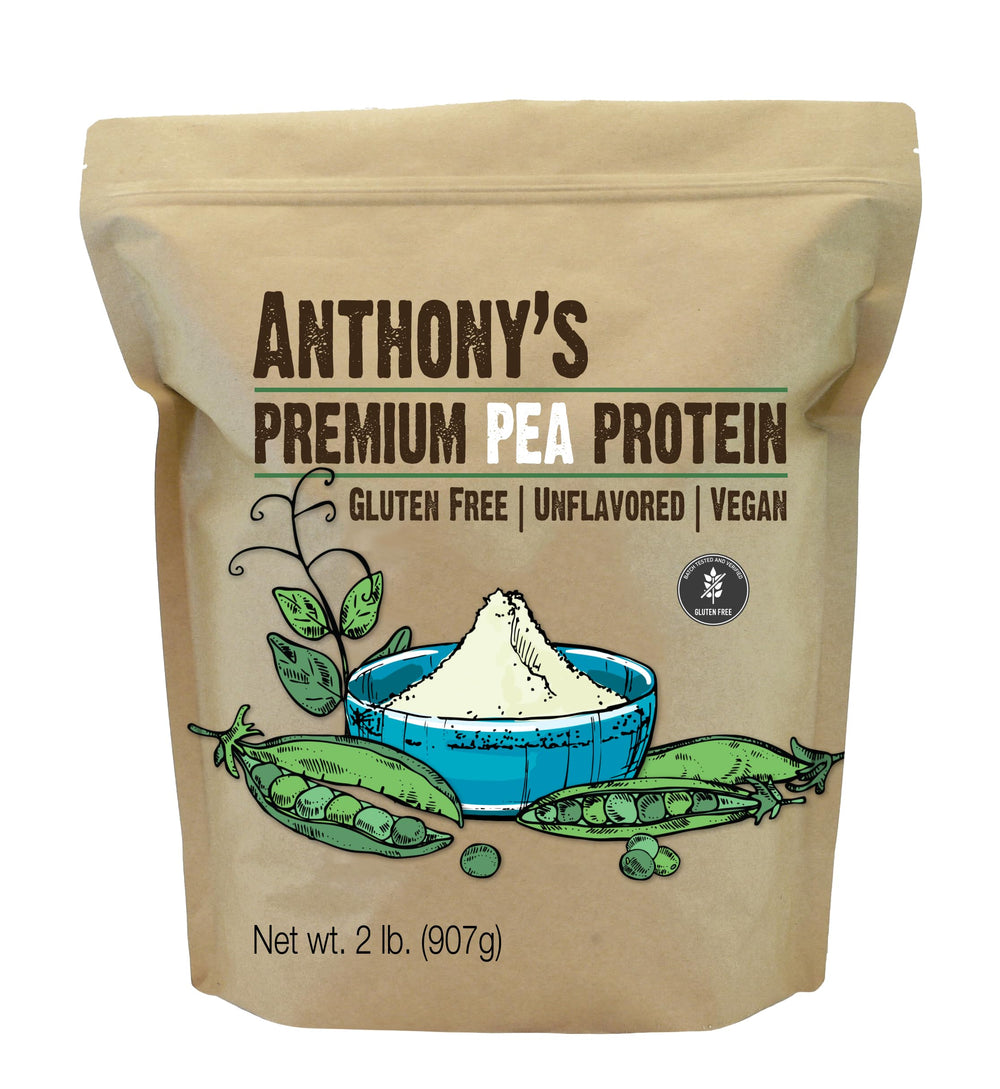 Anthony's Premium Pea Protein 2 lb container with plant-based and gluten-free labeling