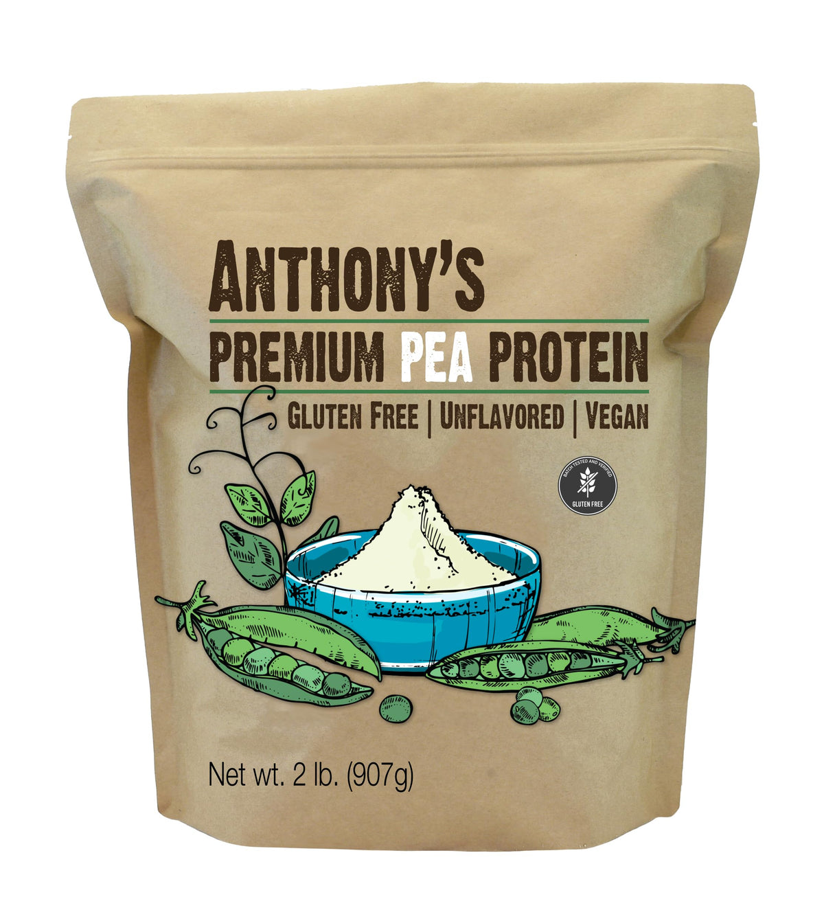 Anthony's Premium Pea Protein 2 lb container with plant-based and gluten-free labeling