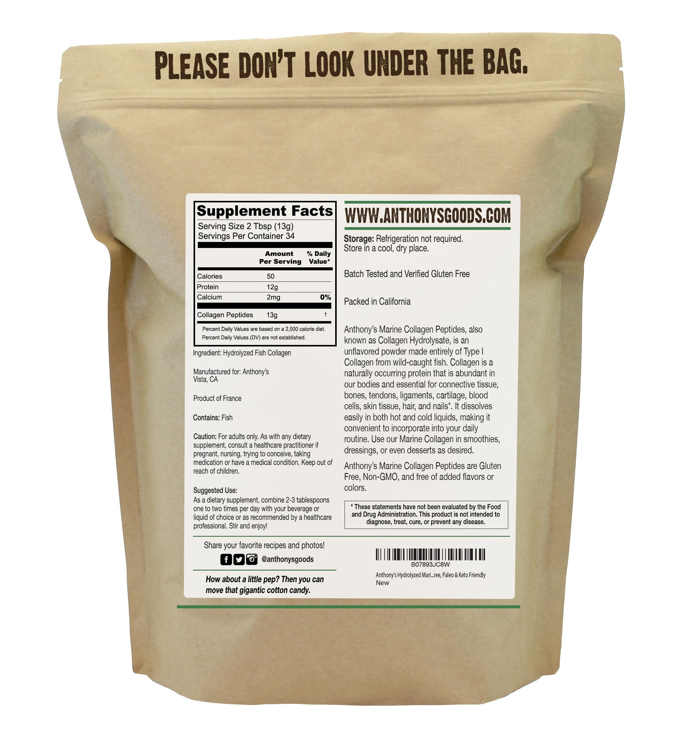 Side view of Anthonys hydrolyzed marine collagen peptides unflavored 1 lb packaging