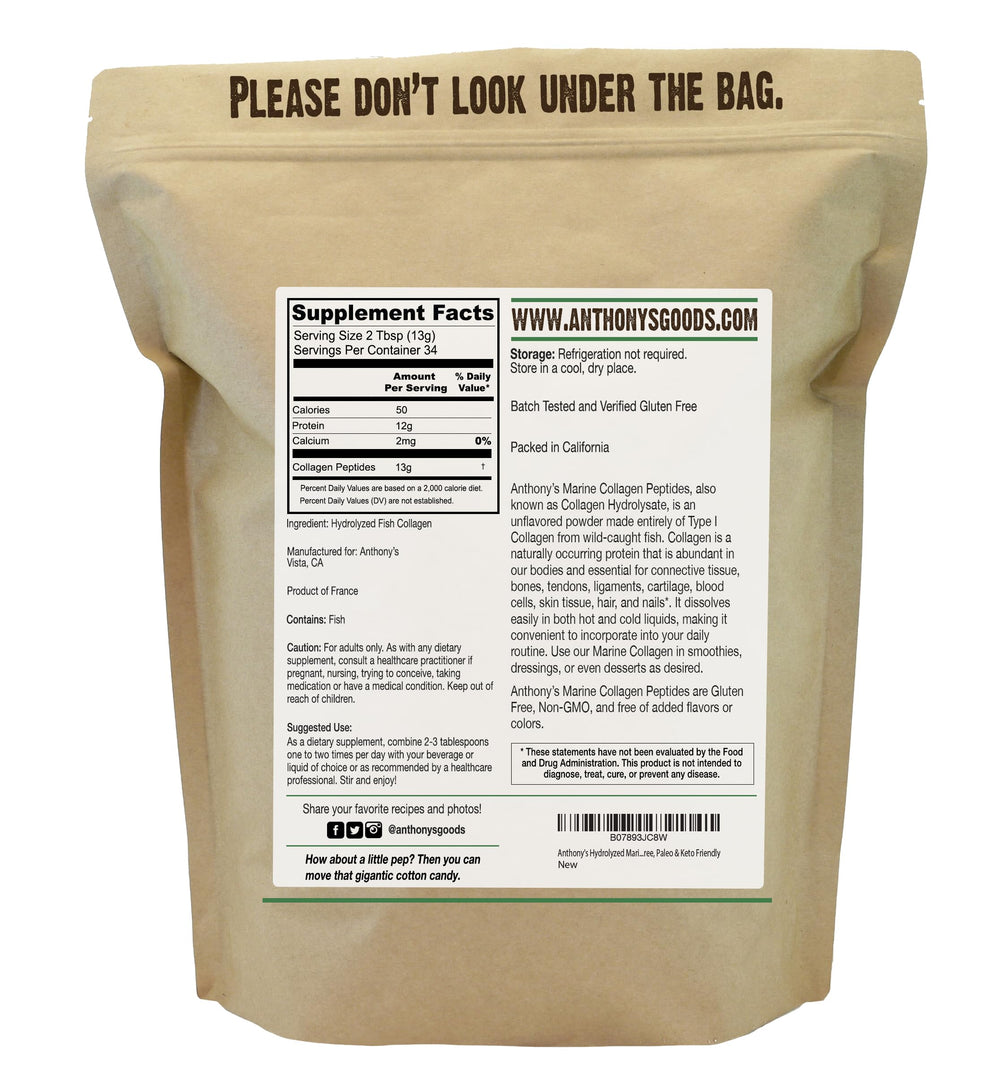 Side view of Anthonys hydrolyzed marine collagen peptides unflavored 1 lb packaging