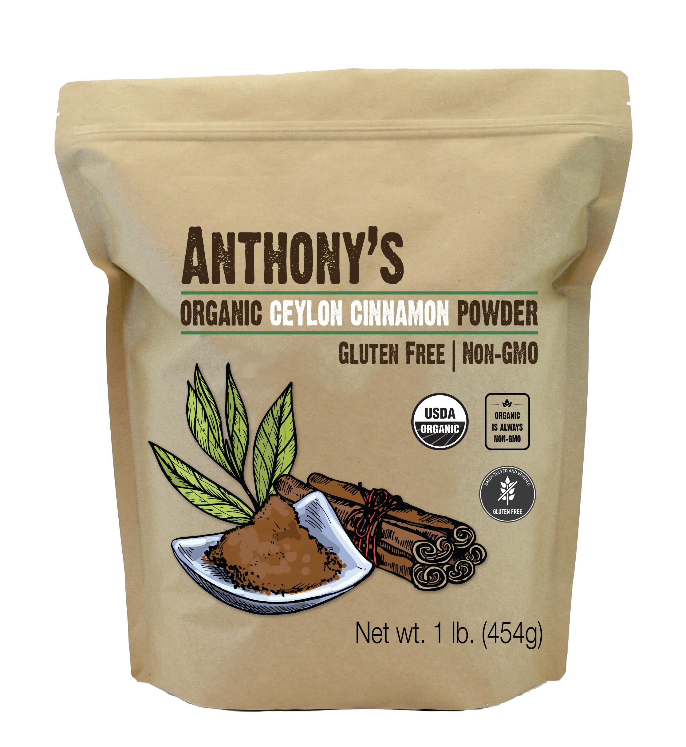 Anthony's Organic Ceylon Cinnamon Powder jar packaging highlights purity and gluten-free quality.