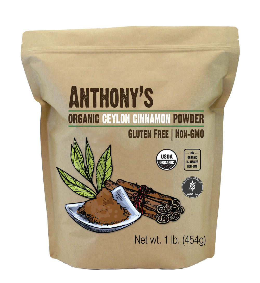 Anthony's Organic Ceylon Cinnamon Powder jar packaging highlights purity and gluten-free quality.