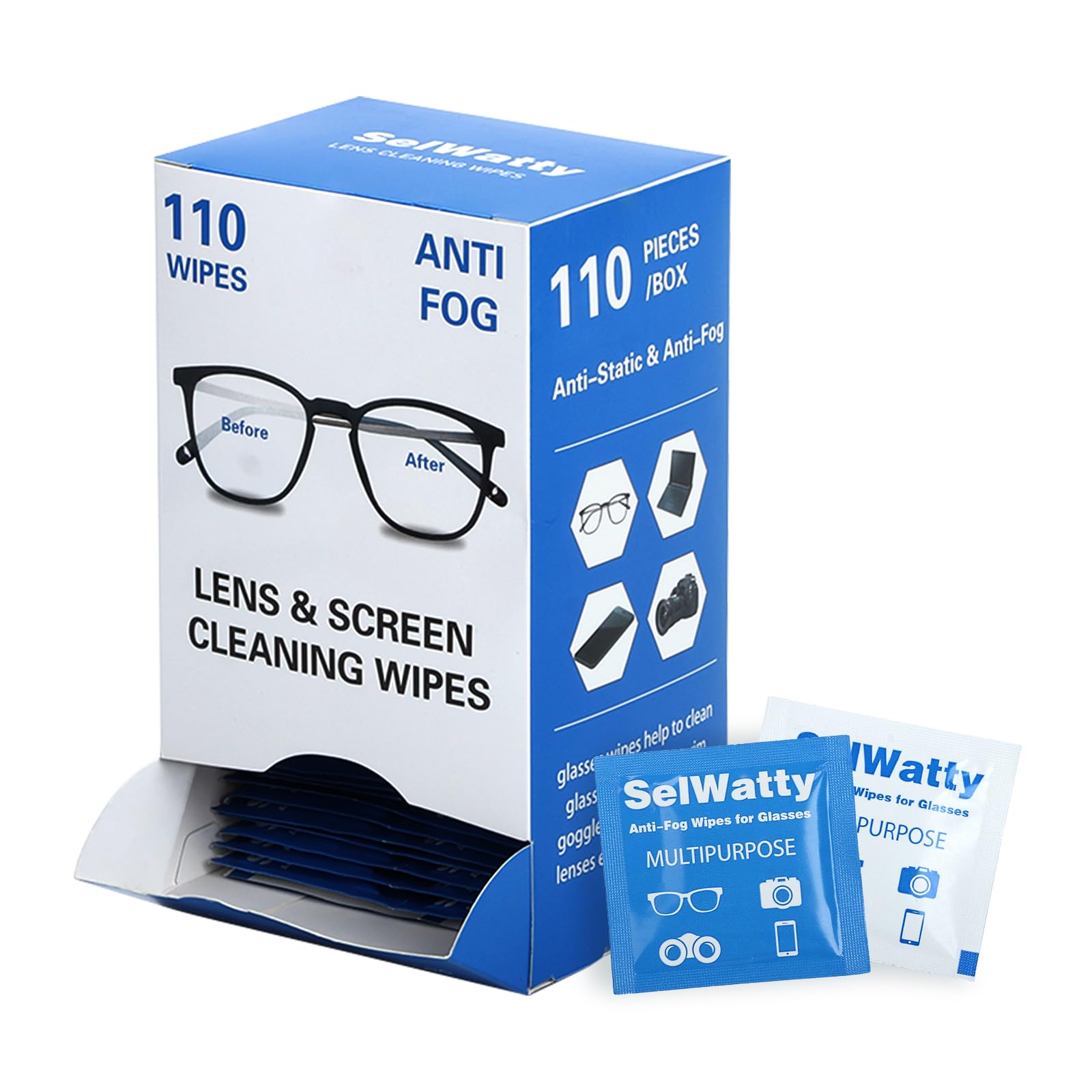 Packaging of 110-count anti-fog wipes for glasses