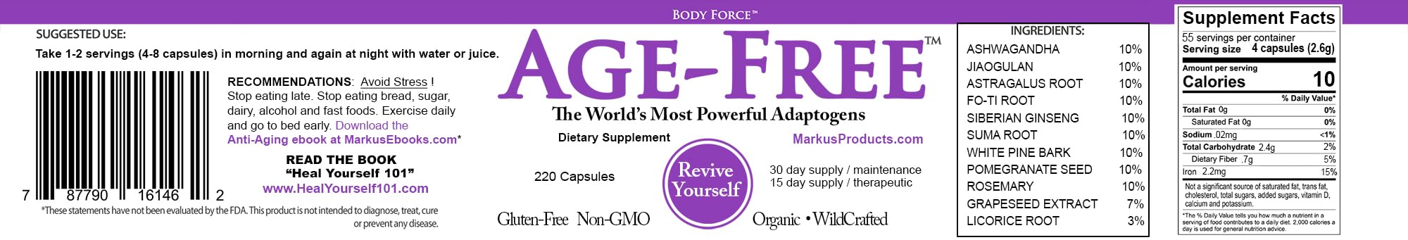 Illustration of antioxidant and adaptogen ingredients for Body Force Age Free Formula