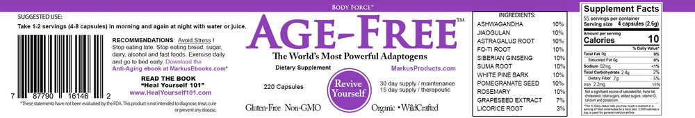 Illustration of antioxidant and adaptogen ingredients for Body Force Age Free Formula