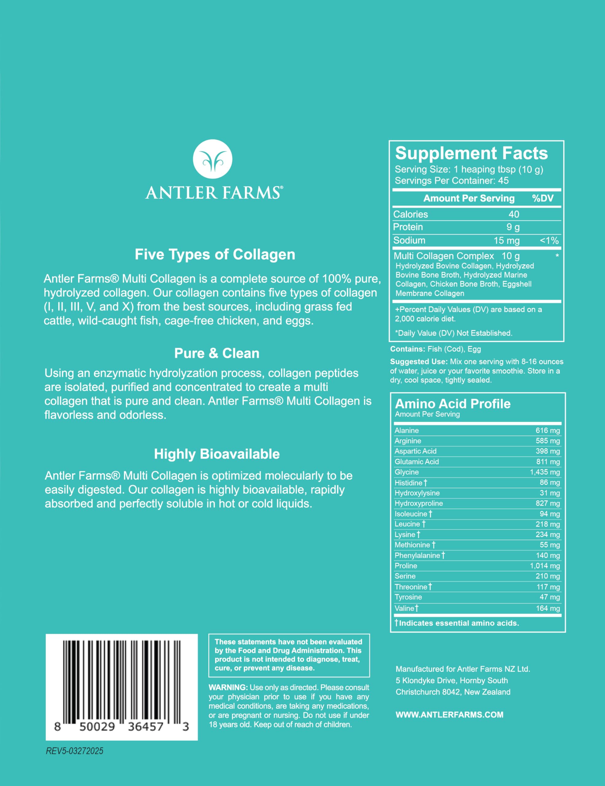 Back nutrition label of Antler Farms Multi Collagen Protein Powder 1 lb