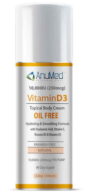 Front view of AnuMed Vitamin D3 10,000 IU cream bottle