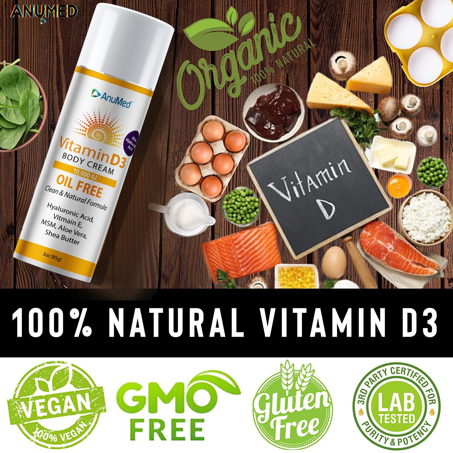 Vegan, gluten-free, non-GMO icons for AnuMed D3 cream