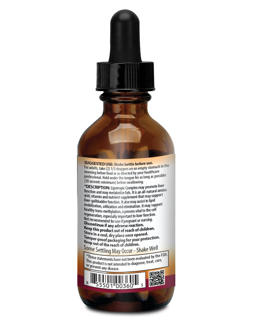 ANUMED Lipotropic Complex Liquid Drops 2oz bottle with vegan non-GMO gluten-free indicators