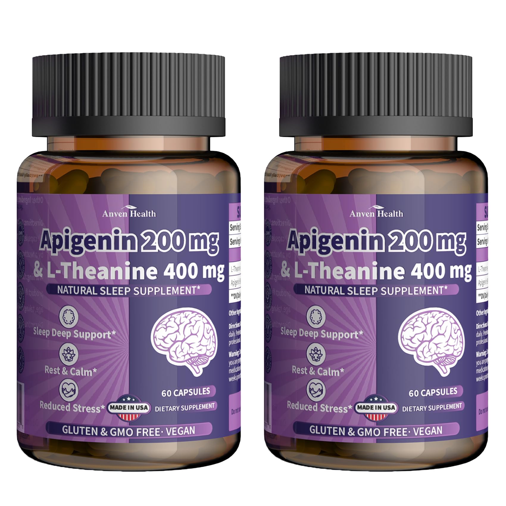 Front view of Anven Health sleep support capsules showing 400mg L-Theanine and 200mg Apigenin