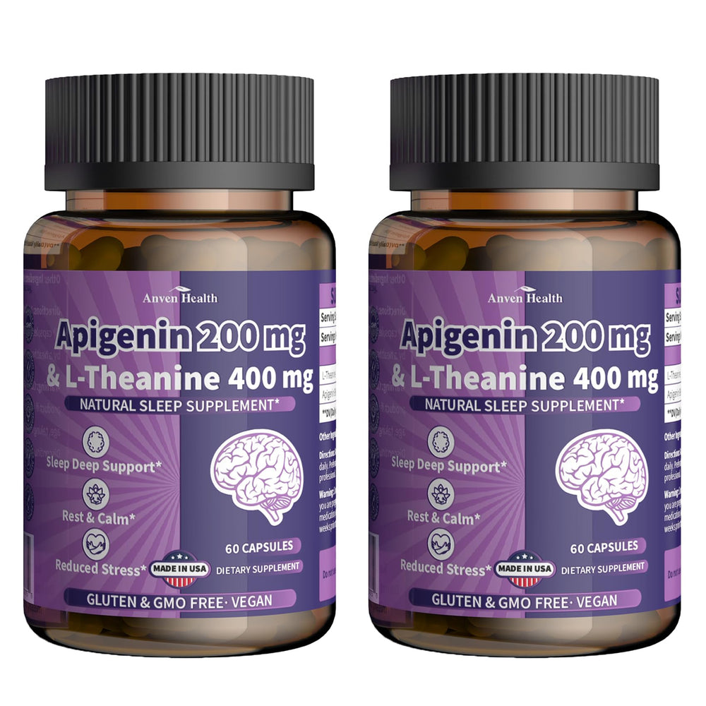 Front view of Anven Health sleep support capsules showing 400mg L-Theanine and 200mg Apigenin