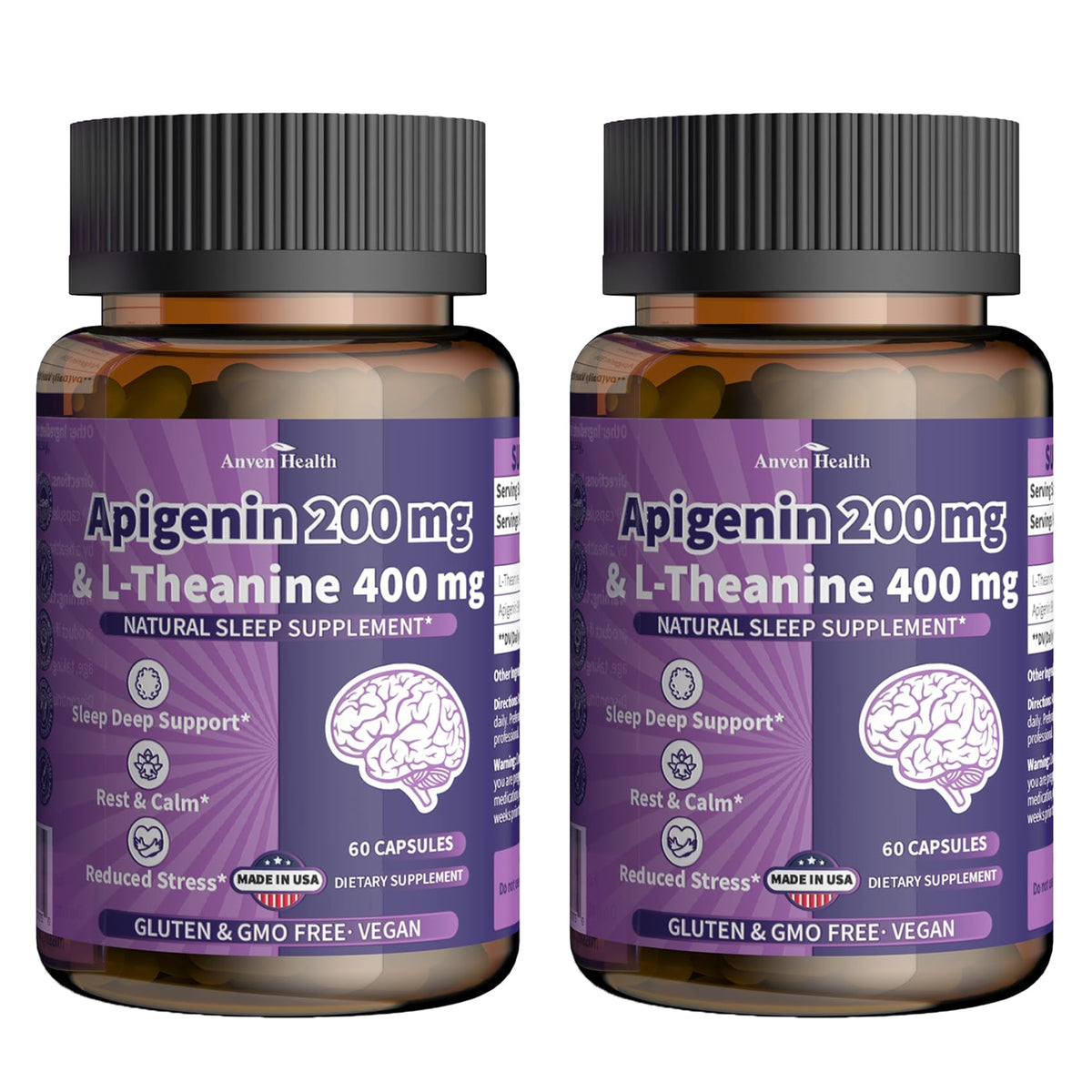 Front view of Anven Health sleep support capsules showing 400mg L-Theanine and 200mg Apigenin
