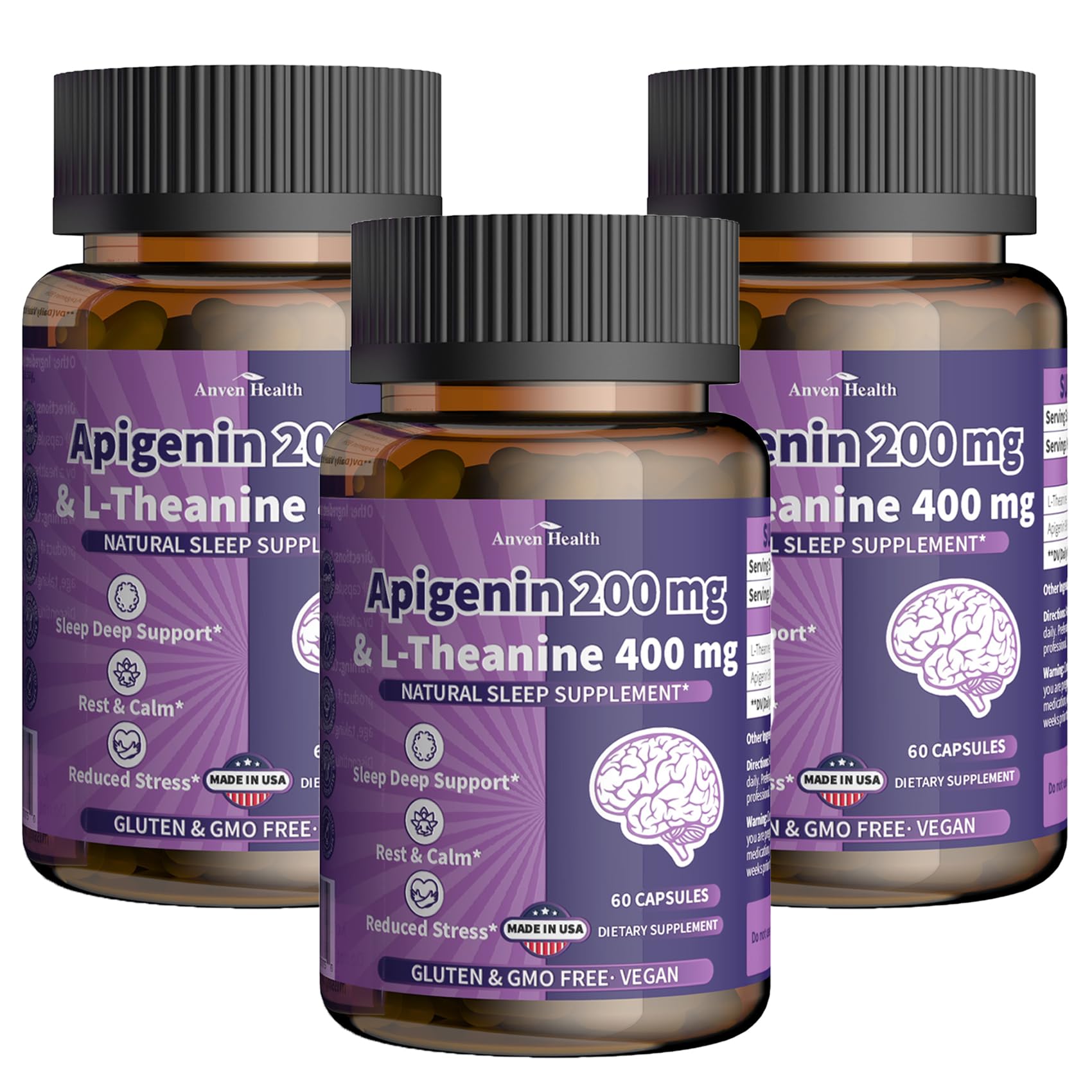 Anven Health 400mg L-Theanine and 200mg Apigenin sleep supplement bottle