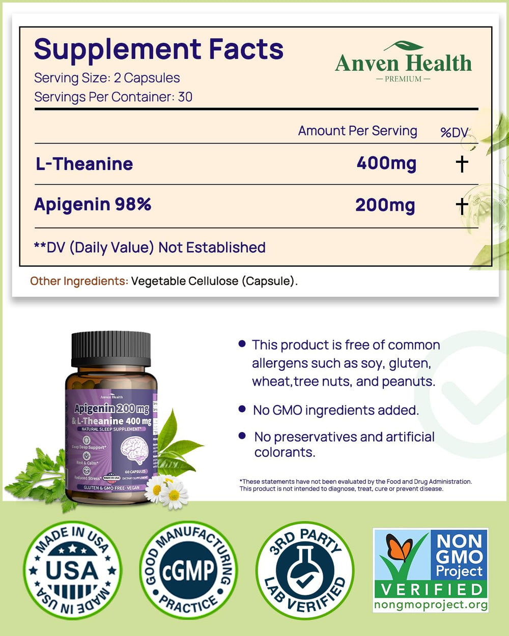 Label highlighting gluten-free, non-GMO, zero fillers