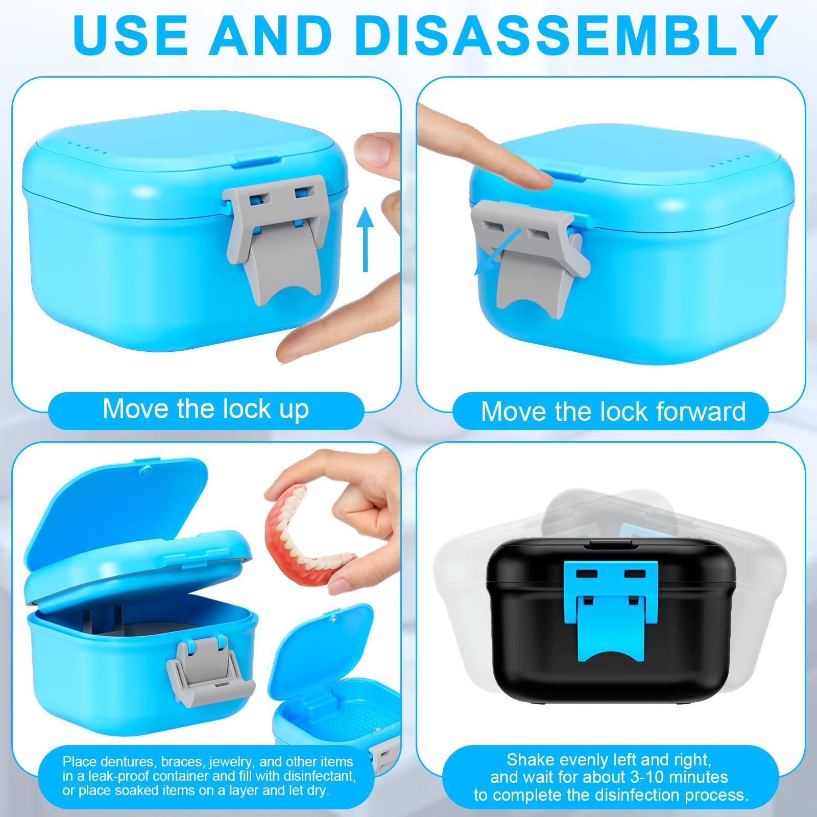 Lid with secure lock on denture case