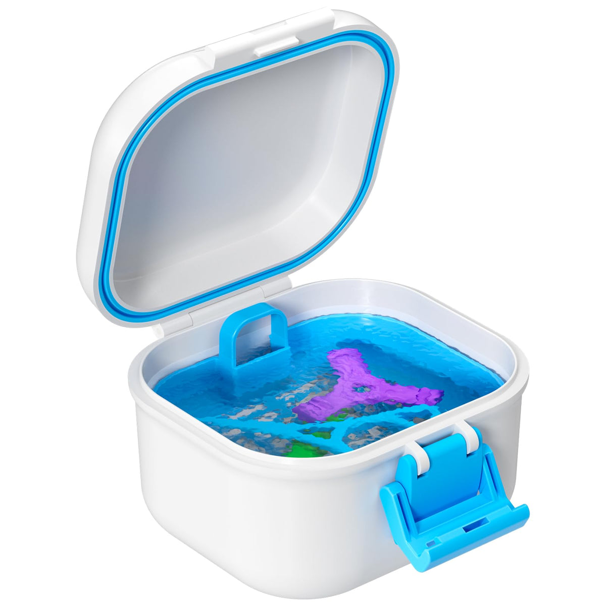 ANYLEY leak-proof denture cup in white and blue