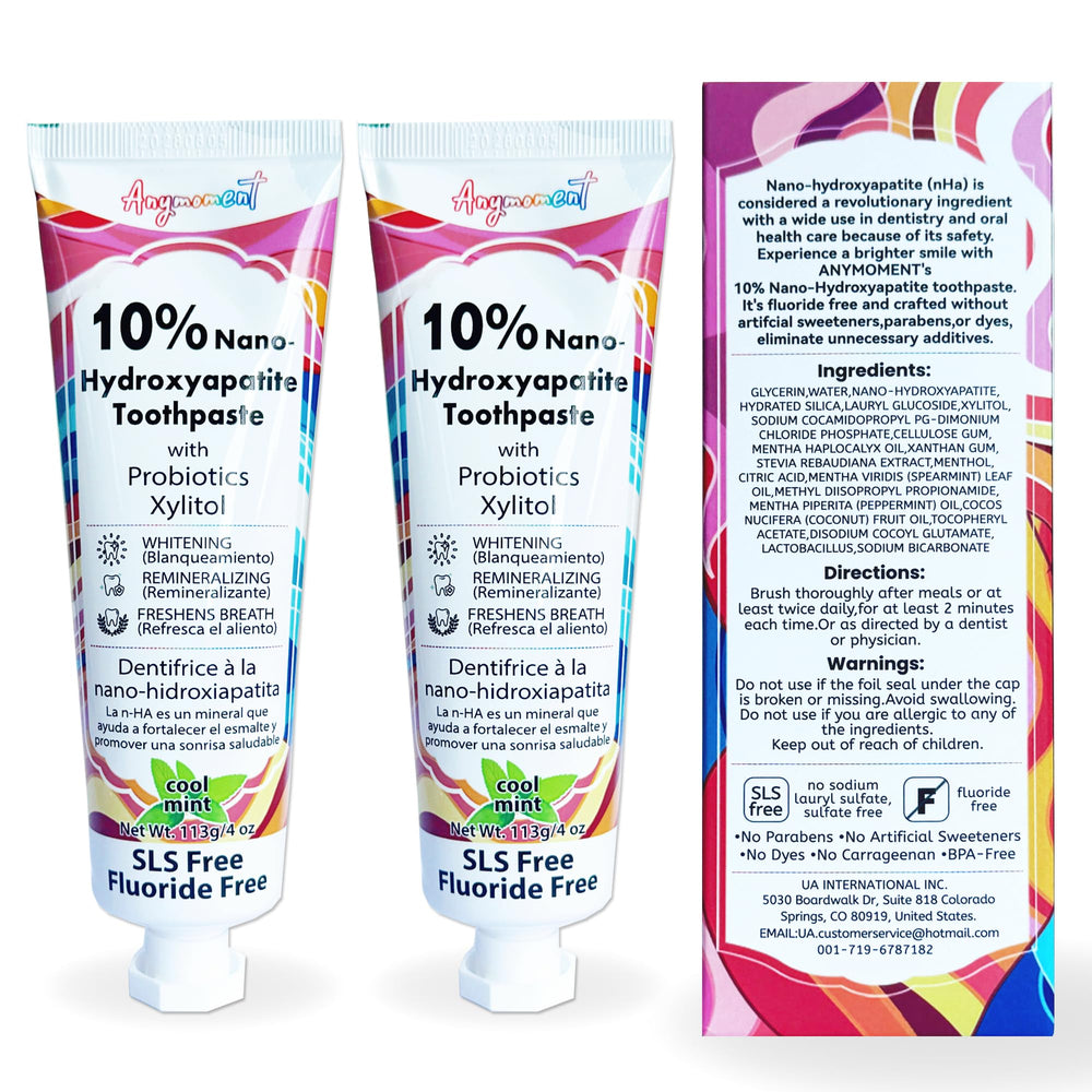 Anymoment 10% Nano Hydroxyapatite Toothpaste bottle and mint flavor tube