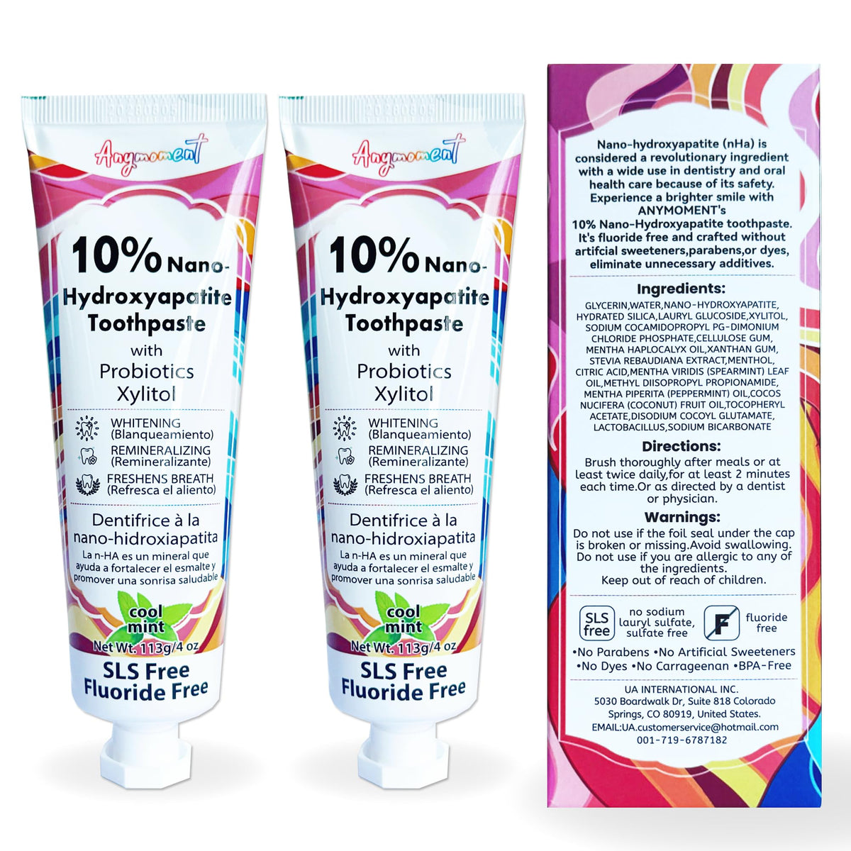 Anymoment 10% Nano Hydroxyapatite Toothpaste bottle and mint flavor tube