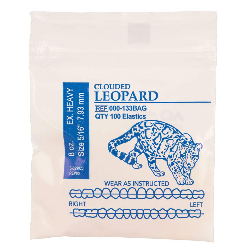 Wildlife leopard elastics by American Orthodontics in 8oz extra heavy, 5/16in size, box of 50 packs