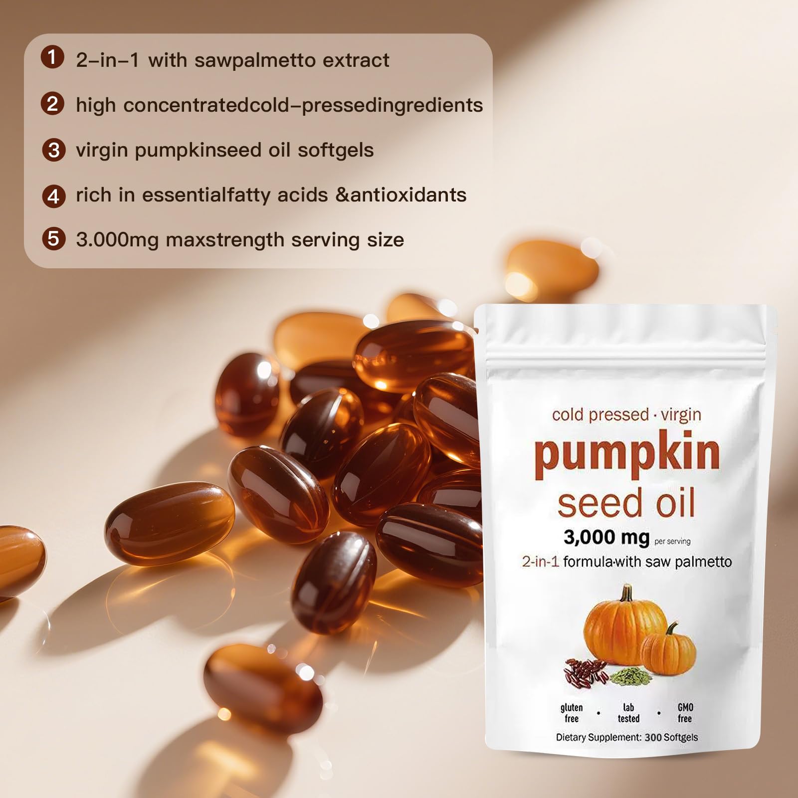Close-up of softgel capsules containing pumpkin seed oil and saw palmetto extract