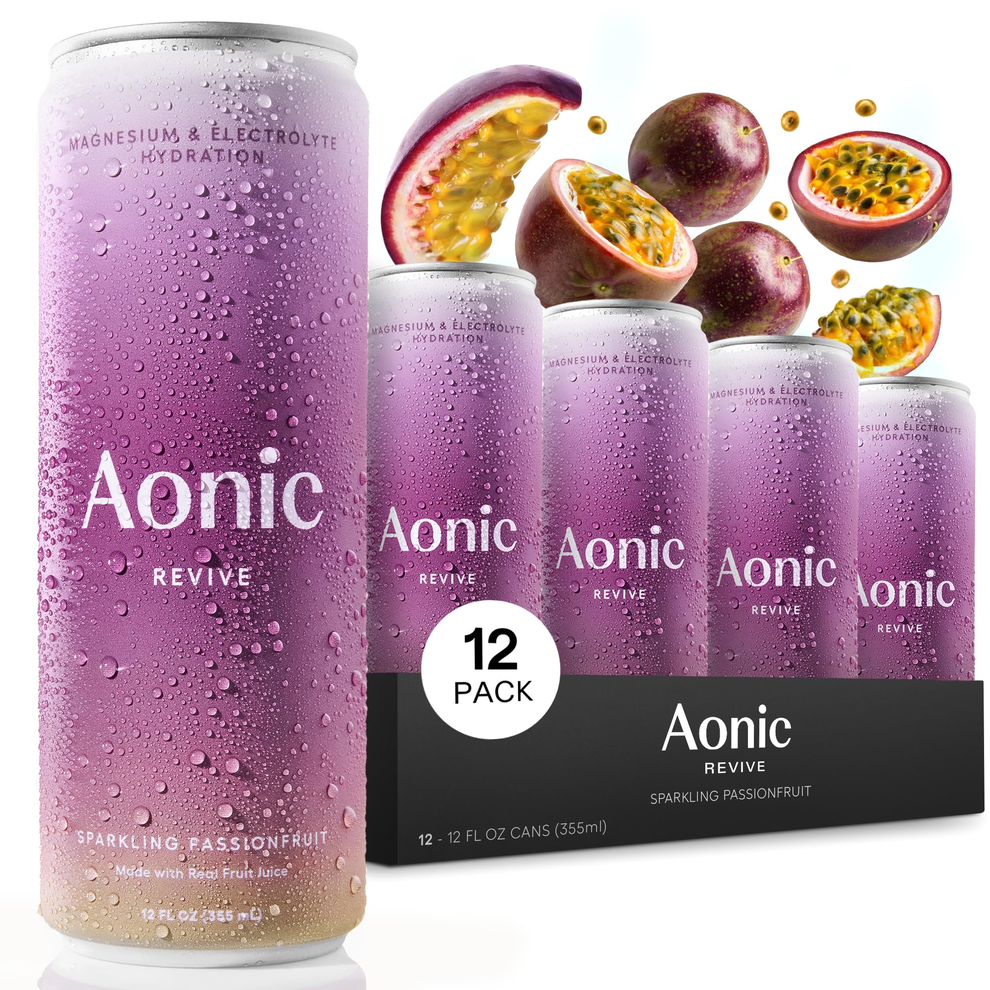 AONIC Revive sparkling passionfruit bottle showing real fruit juice and minerals for hydration.