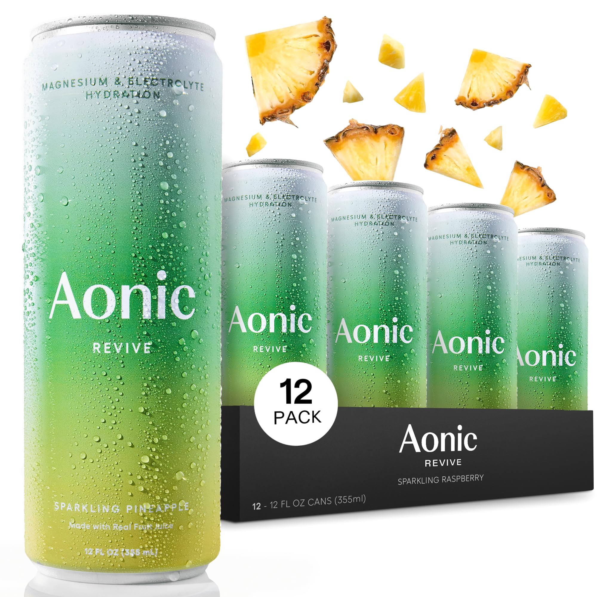 AONIC Revive sparkling pineapple bottle highlighting high magnesium hydration for performance.