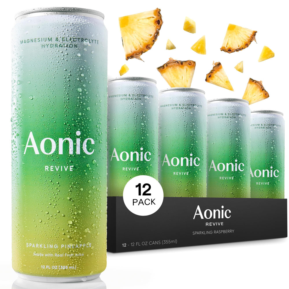 AONIC Revive sparkling pineapple bottle highlighting high magnesium hydration for performance.