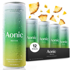 AONIC Revive sparkling pineapple bottle highlighting high magnesium hydration for performance.